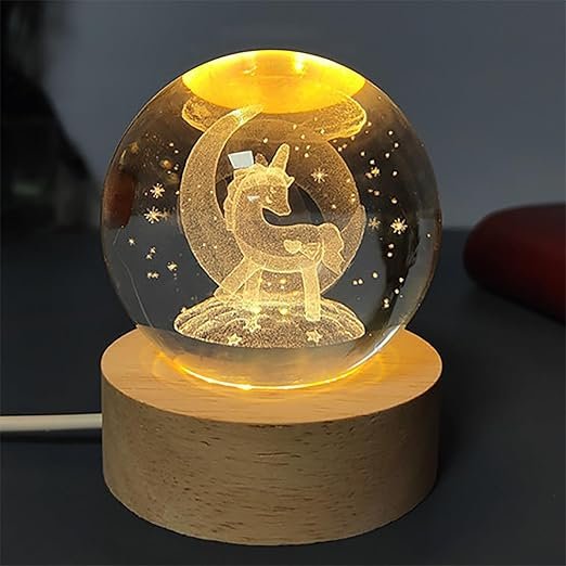 3D Crystal Night RGB Lamp Ball with Wooden Base Multi Designs